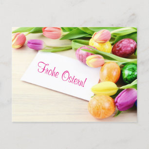 Cartão Postal Frohe Ostern Postkarte mit Tulpen und Ostereier