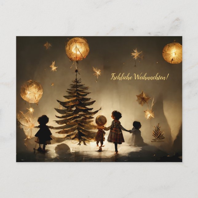 Cartão Postal Fröhliche Weihnachten. Kinder tanzen um Baum (Frente)