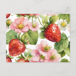 Cartão Postal Fruta de morango e flores rosadas