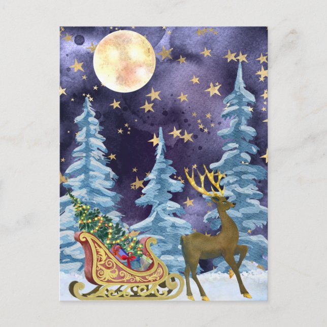 Cartão Postal Full Moon Over Reindeer With Sleigh (Frente)