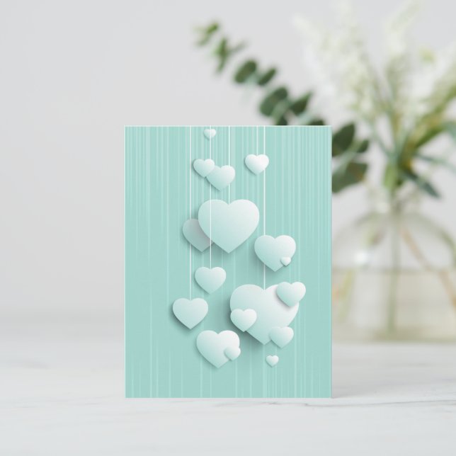 Cartão Postal Fundo verde claro com corações brancos 3D (Em pé/Frente)