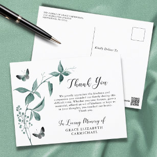 Cartão Postal Funeral Obrigado Borboleta Verde Botânico
