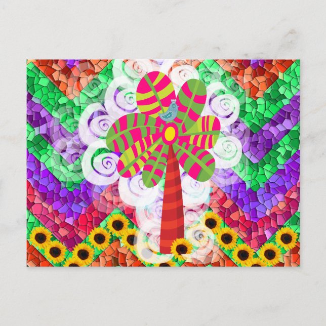 Cartão Postal Funky Chevron Mosaic Tree Swirls Sunflower Summer (Frente)