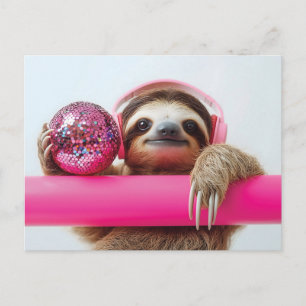 Cartão Postal Funky Sloth com Fones de ouvido cor-de-rosa e Disc