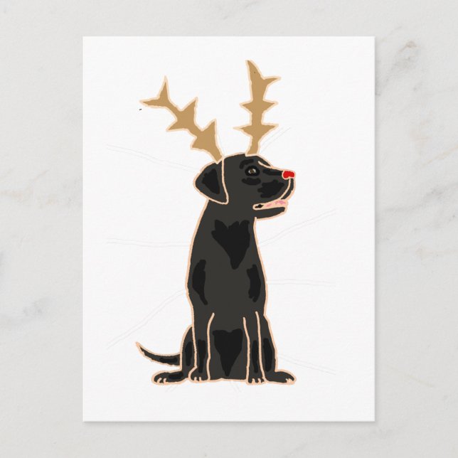Cartão Postal Funny Black Lab com Reindeer Antlers Natal (Frente)