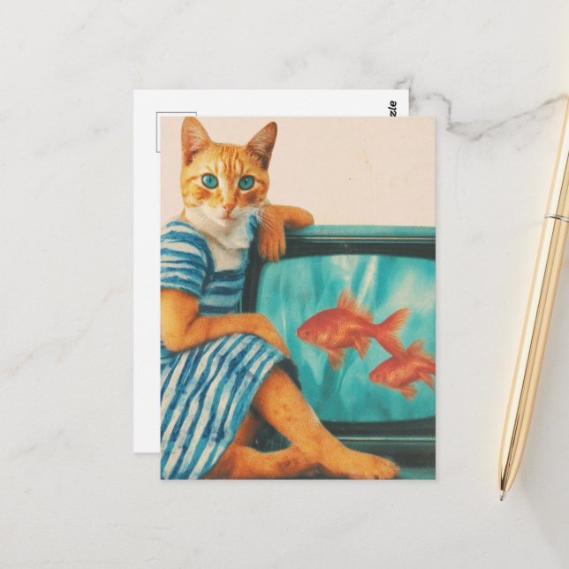 Cartão Postal Funny Cat With Goldfish Retro Collage (Frente/Verso In Situ)