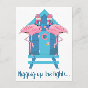 Cartão Postal Funny Flamingo Christmas Lights Beach Hut