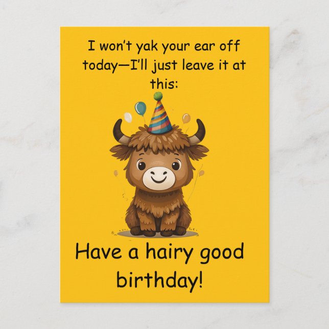 Cartão Postal Funny Highland Yak: Hairy Good Birthday Puns (Frente)