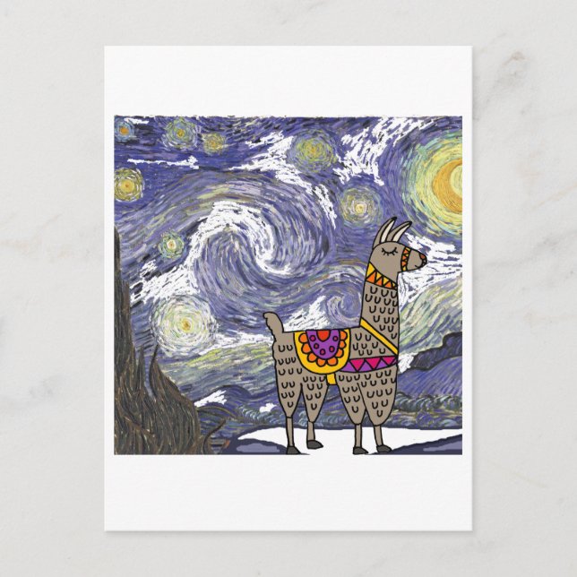 Cartão Postal Funny Llama Starry Night Art (Frente)