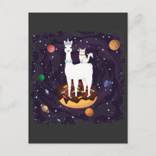 Cartão Postal Funny Llama Unicorn com Cat em uma Galáxia de Ros