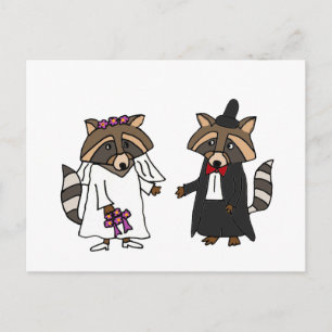 Cartão Postal Funny Raccoon Bride e Groom Wedte Art