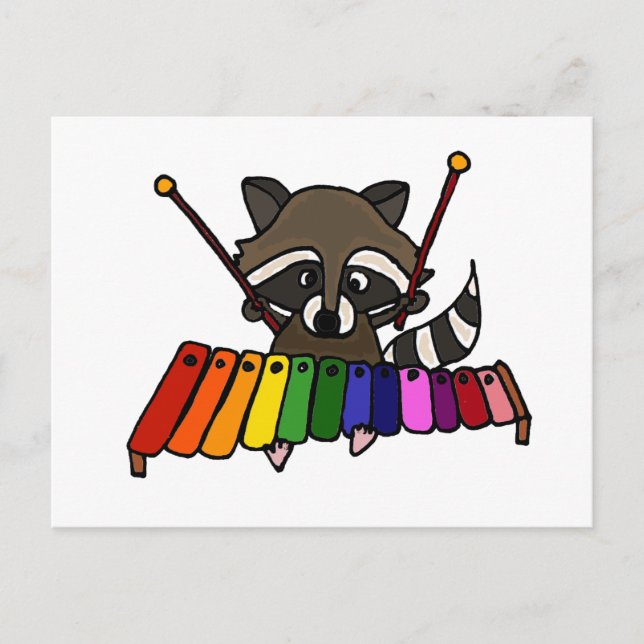 Cartão Postal Funny Raccoon Jogando Xylofone Colorido (Frente)