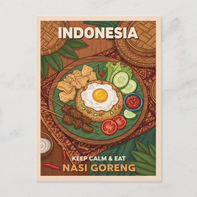 Cartão Postal Funny Retro Travel Indonesia Nasi Goreng Food (Frente)