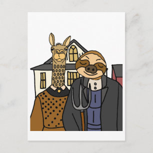 Cartão Postal Funny Sloth e Llama American Gothic Trabalho de ar