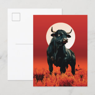 Cartão Postal Fúria da Meia-Noite – Majestoso Touro Negro sob o