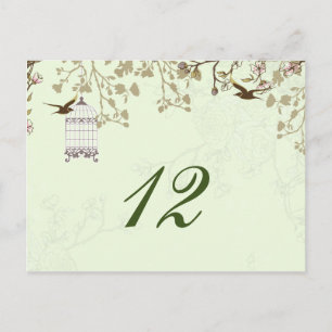Cartão Postal gaiola verde floral de aves, números de mesa de av