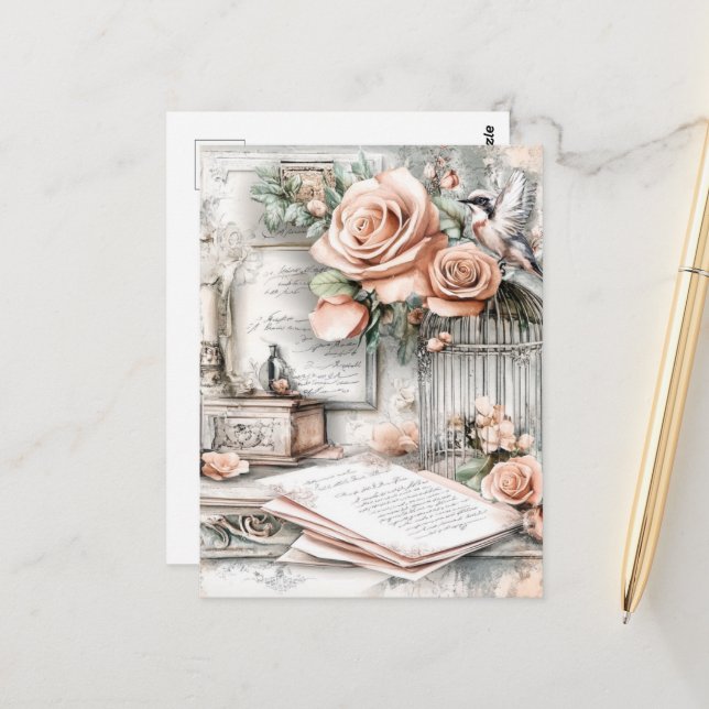 Cartão Postal Gaiolas e Rosas de aves de Chique (Frente/Verso In Situ)