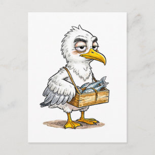 Cartão Postal Gaivota Carregando Engradado de Peixe na Costa