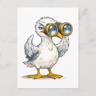 Cartão Postal Gaivota Olhando Através de Binóculos para a Costa