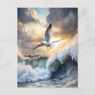 Cartão Postal Gaivota Ondas Altas Nuvens Tempestuosas Oceano Cos