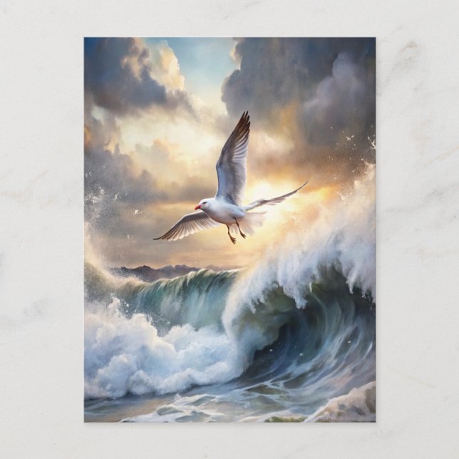 Cartão Postal Gaivota Ondas Altas Nuvens Tempestuosas Oceano Cos (Frente)