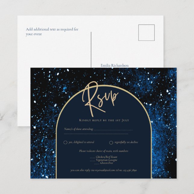 Cartão Postal Galaxy Starry Night Marinho Blue Dourado Casamento (Frente/Verso)