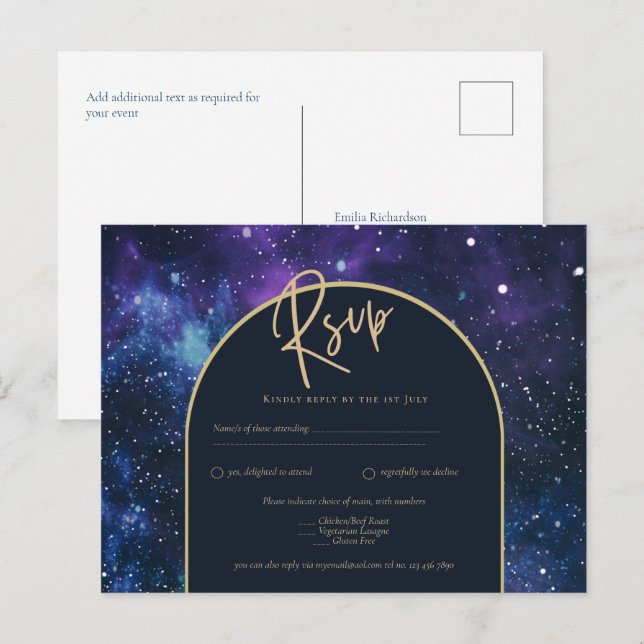 Cartão Postal Galaxy Starry Night Purple Blue Casamento Dourado  (Frente/Verso)