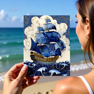 Cartão Postal Galeão Azul Dourado de Delft
