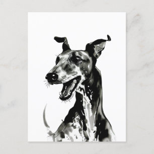 Cartão Postal Galgo Español preto-e-branco   Greyhound alegre