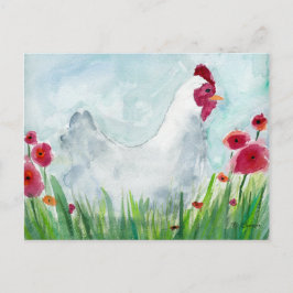 Cartão Postal Galinha e Flores Aquarela