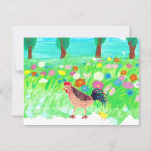Cartão Postal Galinha e Pintinho de bebê andando no jardim