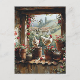 Cartão Postal Galinhas Balde Enferrujado Potes de Barro Telhas C