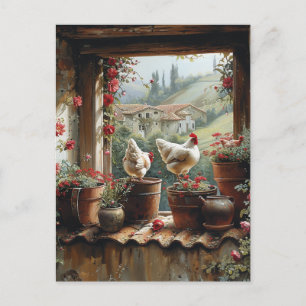 Cartão Postal Galinhas Balde Enferrujado Potes de Barro Telhas C