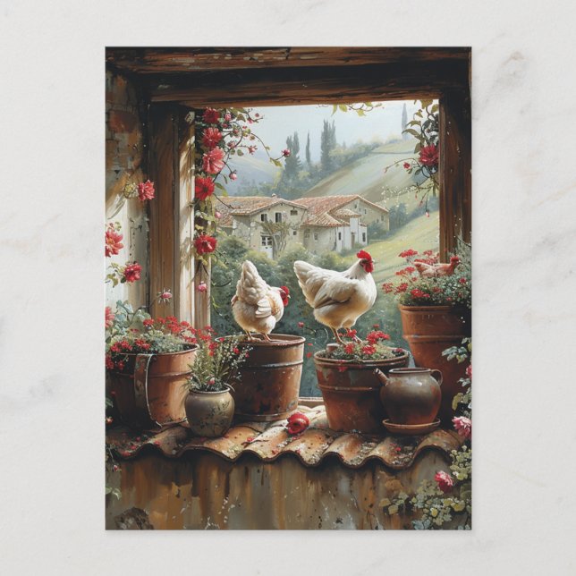 Cartão Postal Galinhas Balde Enferrujado Potes de Barro Telhas C (Frente)