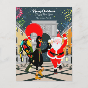Cartão Postal Galo Português e Papai Noel brindam ao Ano Novo