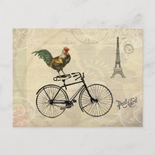 Cartão Postal Galo Vintage Andando de Bicicleta pela Torre Eiffe