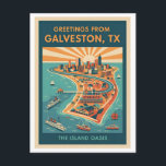 Cartão Postal Galveston TX Island Oasis Retro Travel<br><div class="desc">Galveston TX Island Oasis Retro Travel Postcard – 1930s Style Colorful Vintage Inspired Greeting Card, Vibrant Coastal Art Souvenir Description: Bring a splash of Gulf Coast sunshine to your mailbox with this vibrant Galveston, Texas “Island Oasis” retro travel postcard. Inspired by the bold, stylish travel posters of the 1930s, this...</div>