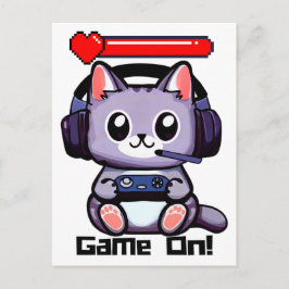 Cartão Postal Game On Gamer Cat Com Bar De Saúde
