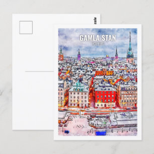 Cartão Postal Gamla Stan Suecia Famoso Desenho Viagem de Aquarel