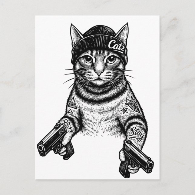 Cartão Postal Gangster Cat Tattoo Art | Cool Streetwear Kitty (Frente)