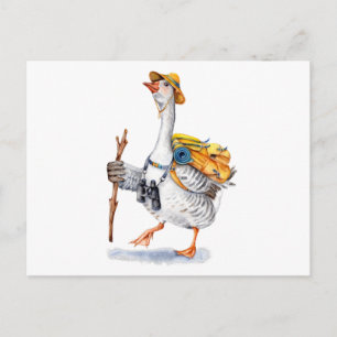 Cartão Postal Ganso de caminhada com mochila e binoculares