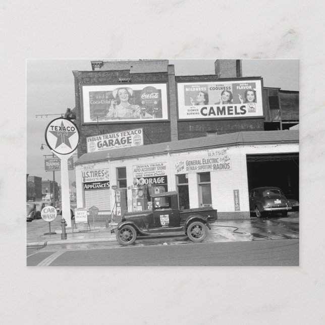 Cartão Postal Garagem & posto de gasolina, 1940 (Frente)