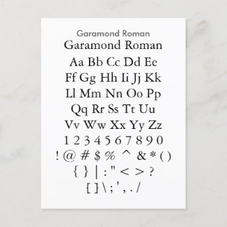 Cartão Postal Garamond Roman - Folha de Amostra de Fontes do Zaz