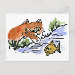 Cartão Postal Garden Pond e Curioso Kitten