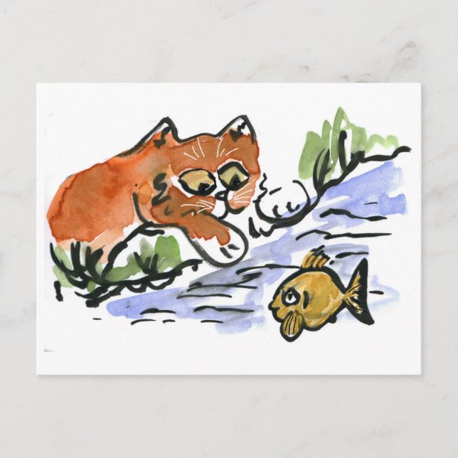 Cartão Postal Garden Pond e Curioso Kitten (Frente)