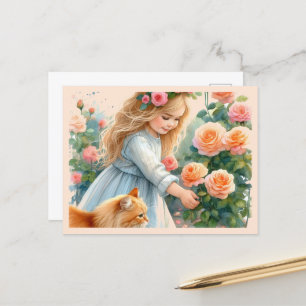 Cartão Postal Garota Adorável Escolhendo Rosas com seu Gato