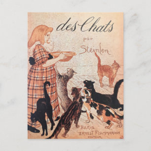 Cartão Postal Garota alimentando gatos Vintage Steinlen Poster