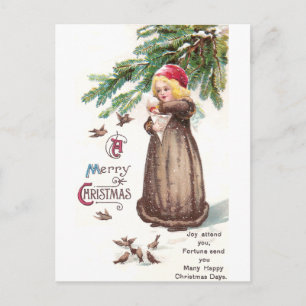 Cartão Postal Garota alimentando pássaros na neve