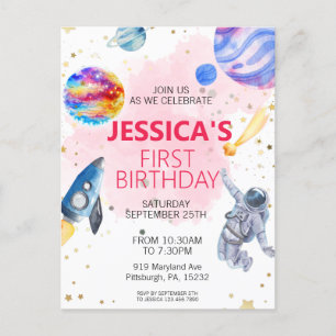 Cartão Postal Garota Astronauta Navio Foguete Espaço Exterior Pl