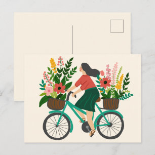 Cartão Postal Garota Bonita Andando de Bicicleta com Flores Pers
